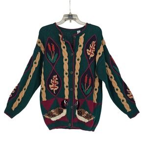 Vintage Design Options Cable Knit Sweater Cardigan L Green Goose Nature Teacher